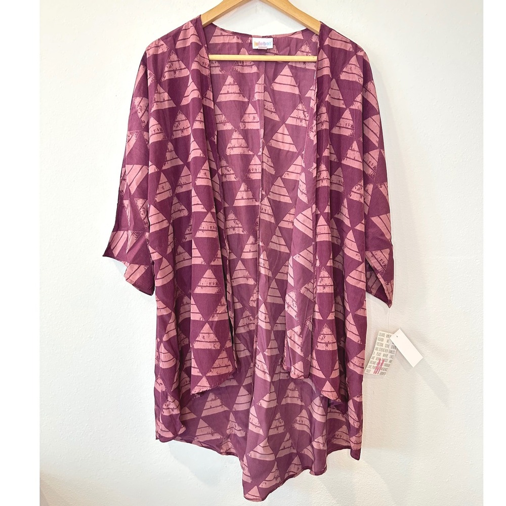 LuLaRoe Lindsay Kimono Cardigan Plum Purple Pink Triangle Geometric Print M